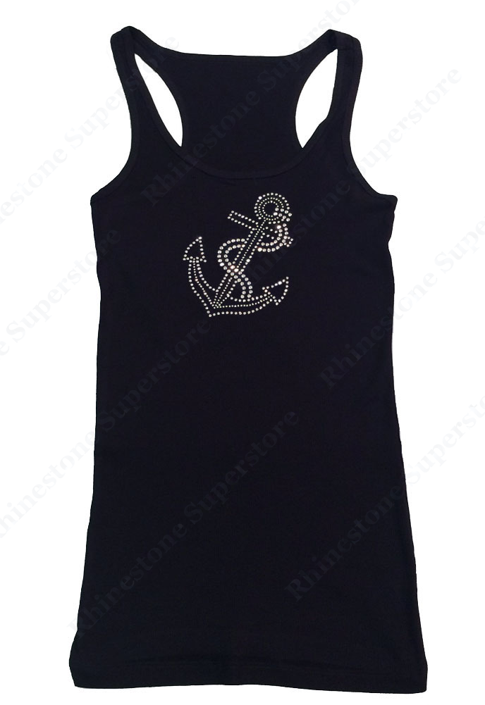 Womens T-shirt with Crystal Anchor in Rhinestones
