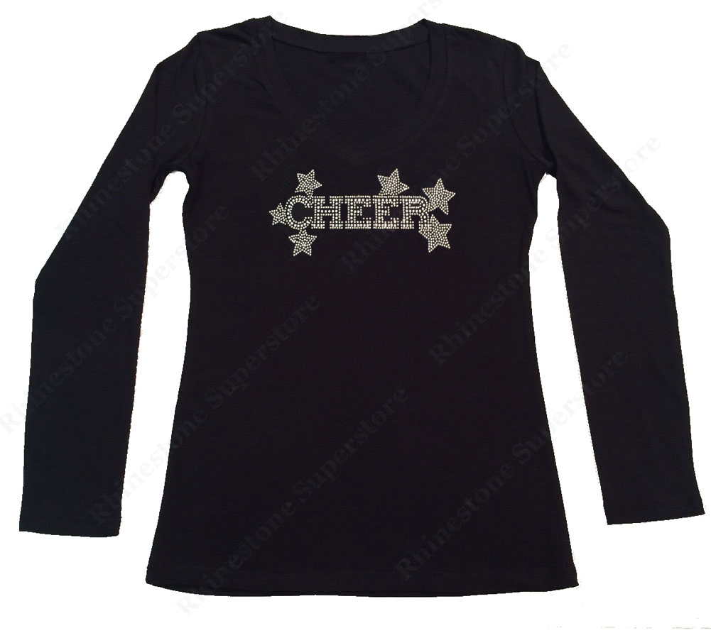Womens T-shirt with Crystal Cheer Mom with Stars in Rhinestones