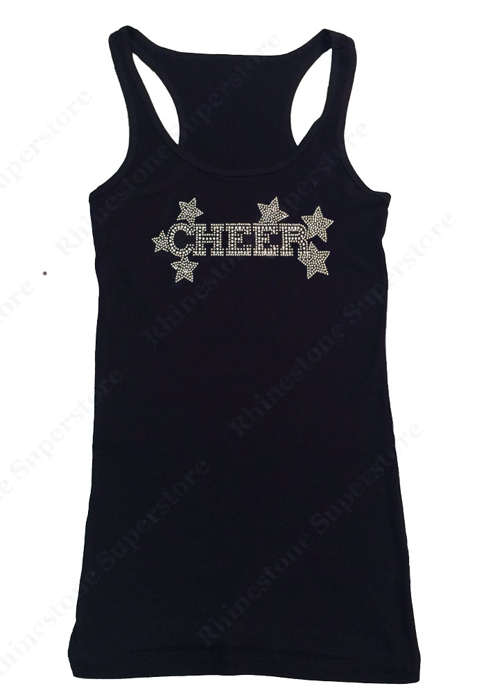 Womens T-shirt with Crystal Cheer Mom with Stars in Rhinestones