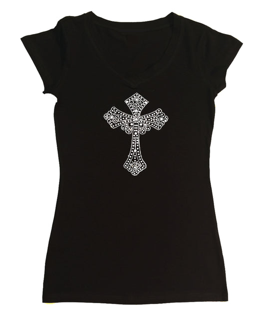 Womens T-shirt with Crystal Cross in Rhinestones