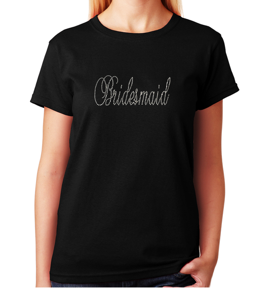 Women's / Unisex T-Shirt with Crystal Script Bridesmaid in Rhinestones