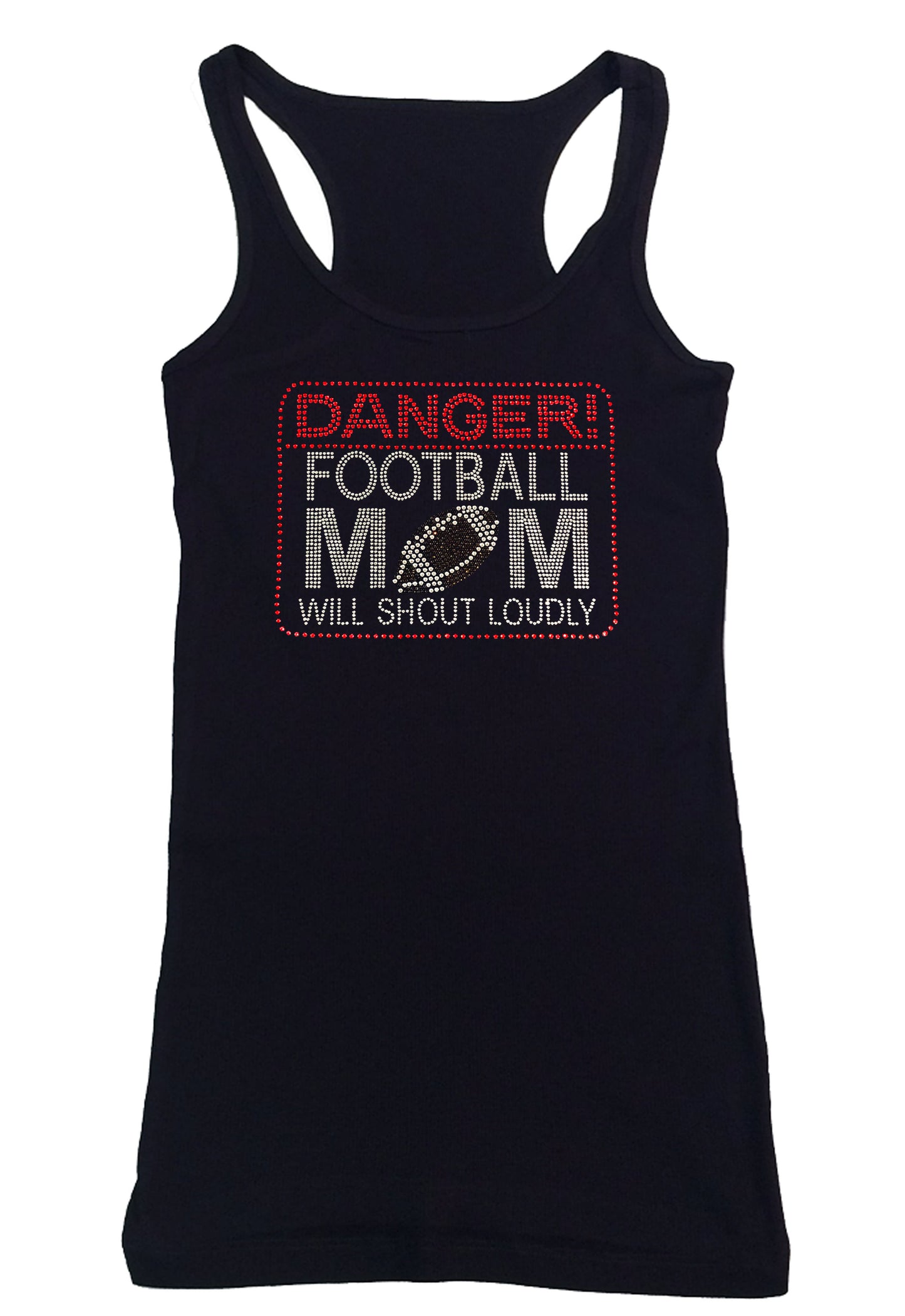 Womens T-shirt with Danger Football Mom Will Shout Loudly in Rhinestones
