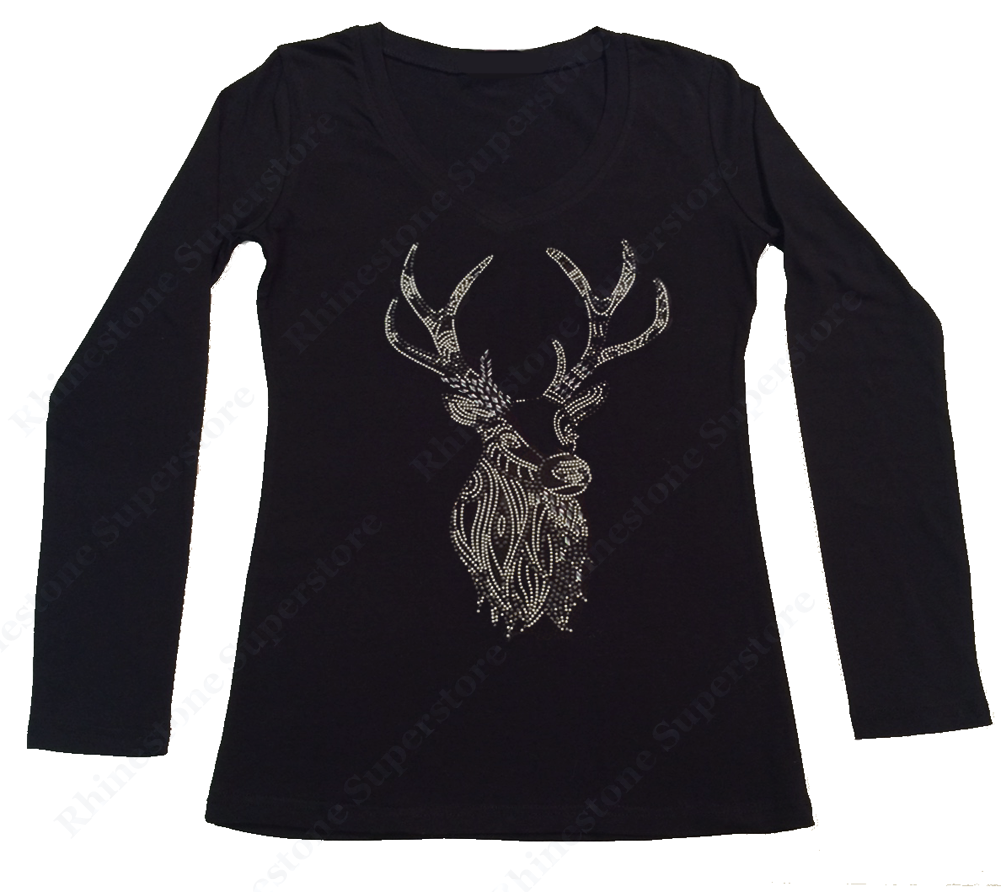 Womens T-shirt with Deer in Rhinestuds and Nail Heads