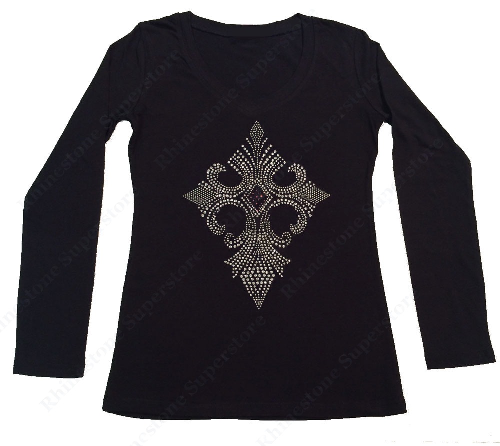 Womens T-shirt with Diamond Cross in Rhinestones