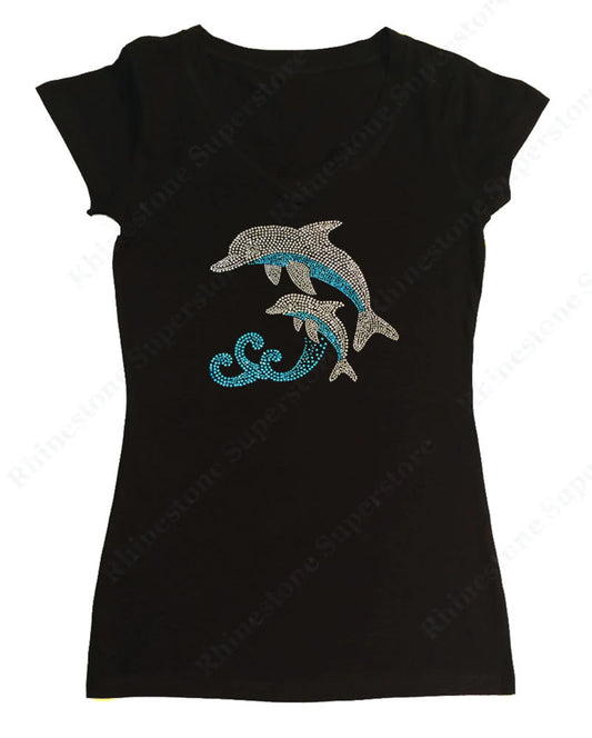 Women's Rhinestone Fitted Tight Snug Dolphins Jumping in Ocean