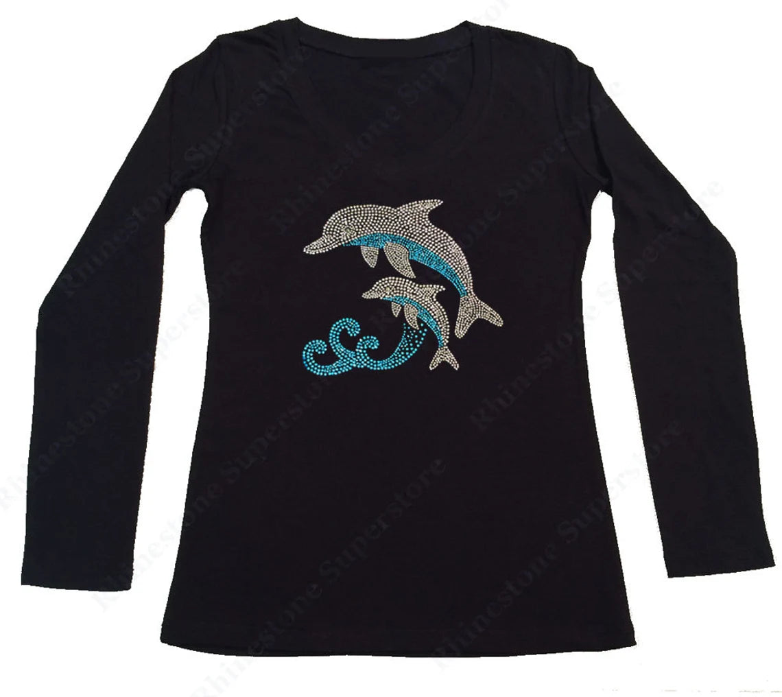 Women's Rhinestone Fitted Tight Snug Dolphins Jumping in Ocean