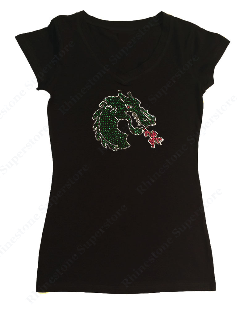 Womens T-shirt with Green Dragon with Flames in Rhinestones