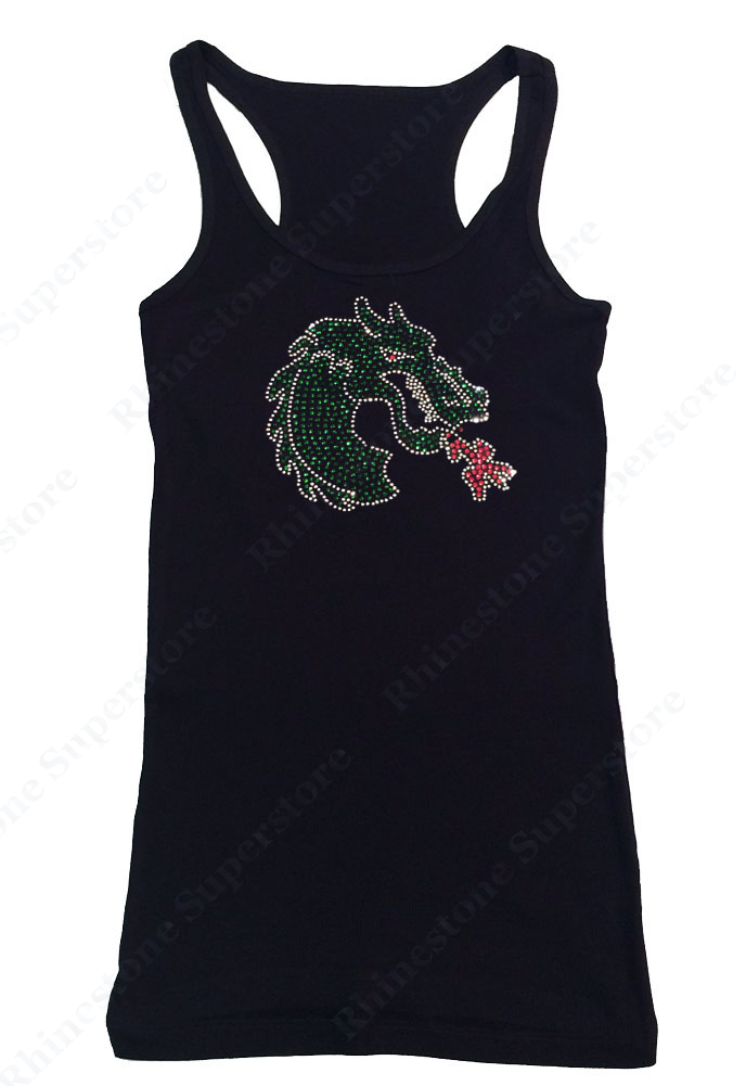 Womens T-shirt with Green Dragon with Flames in Rhinestones