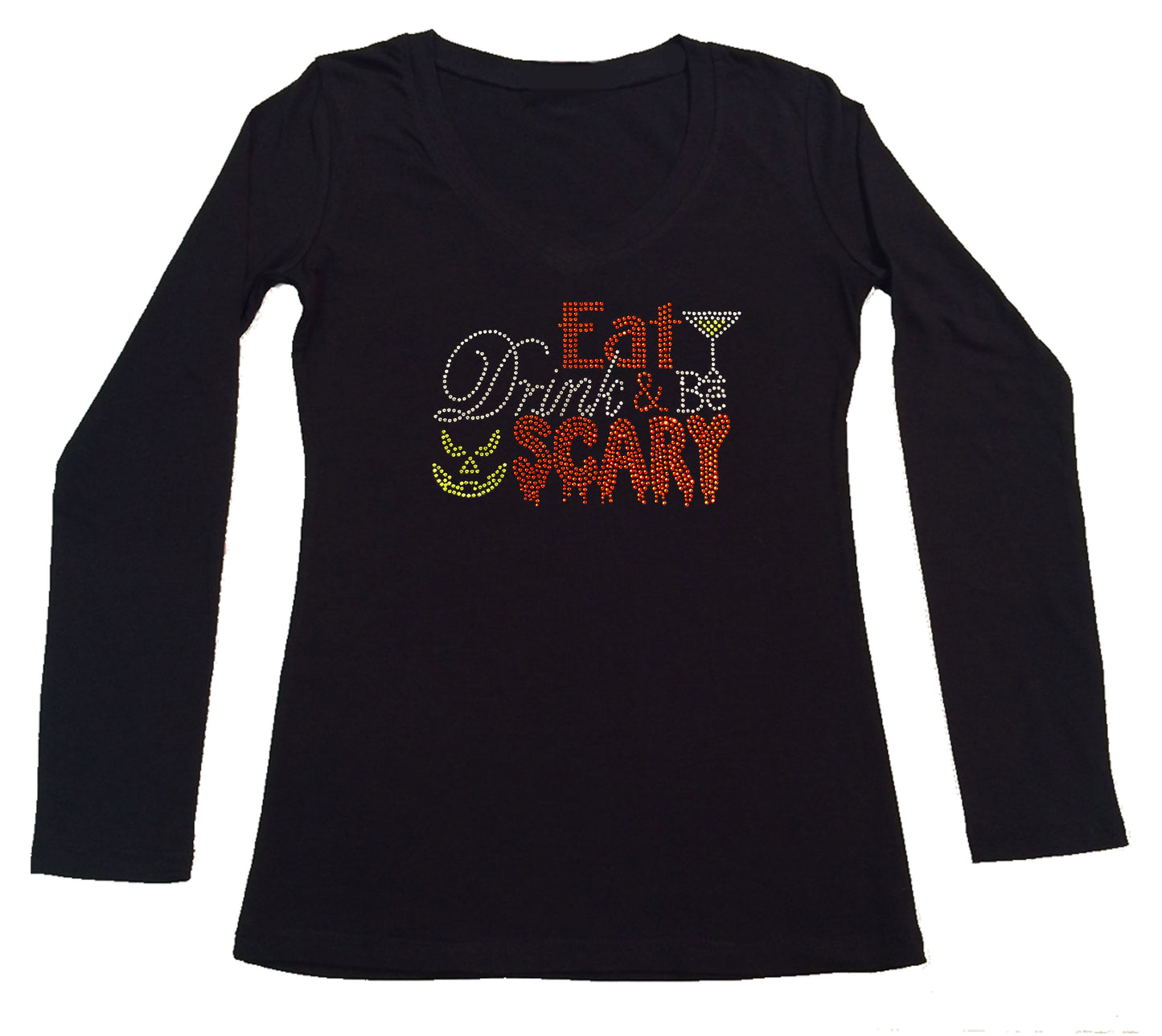 Womens T-shirt with Eat Drink Be Scary Halloween in Rhinestones