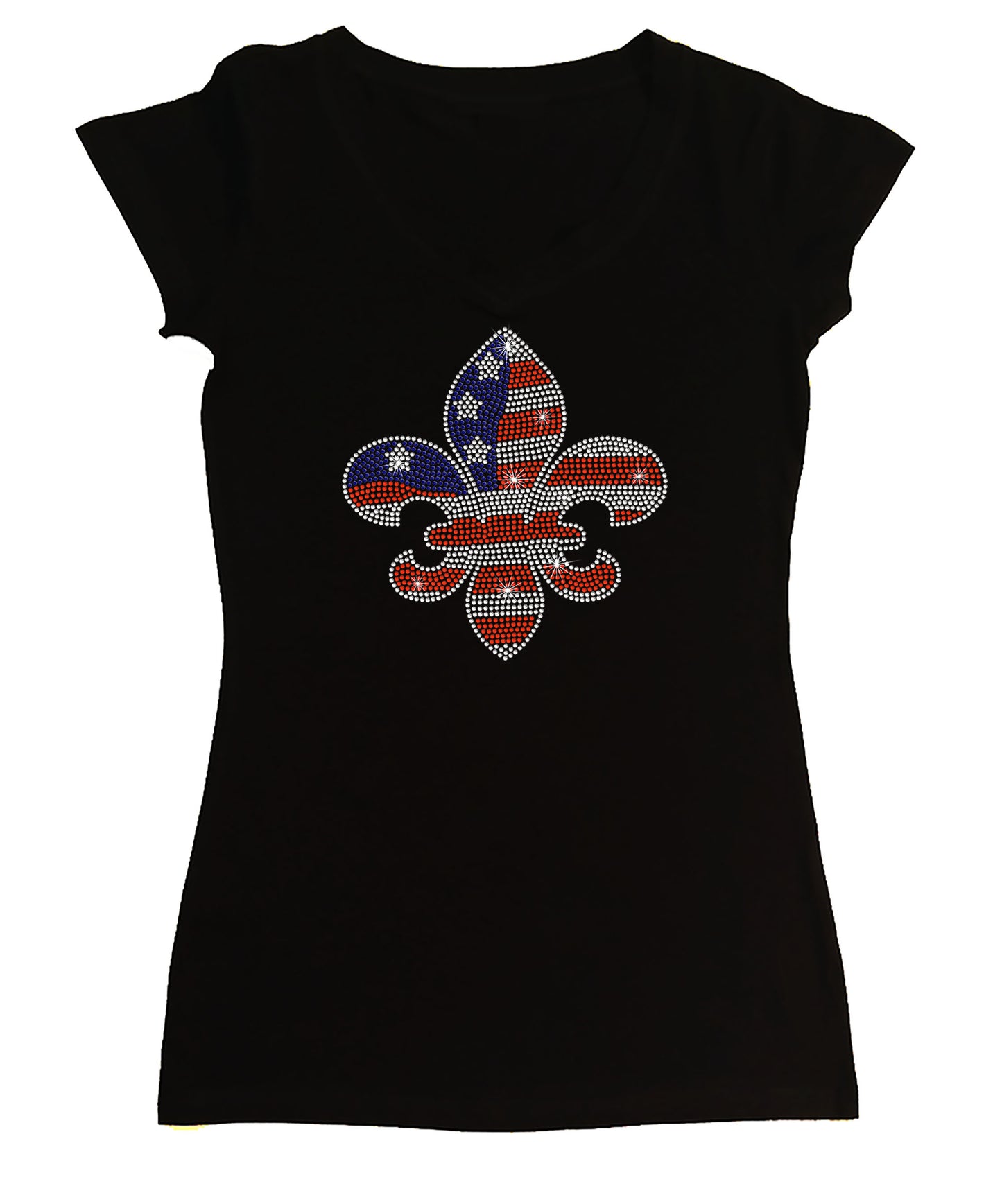 Women's Rhinestone Fitted Tight Snug 4th of July - Fleur de Lis in Red, White & Blue, Patriotic Shirt, 4th of July Shirt