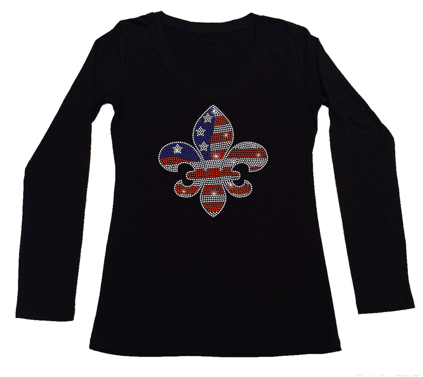 Women's Rhinestone Fitted Tight Snug 4th of July - Fleur de Lis in Red, White & Blue, Patriotic Shirt, 4th of July Shirt