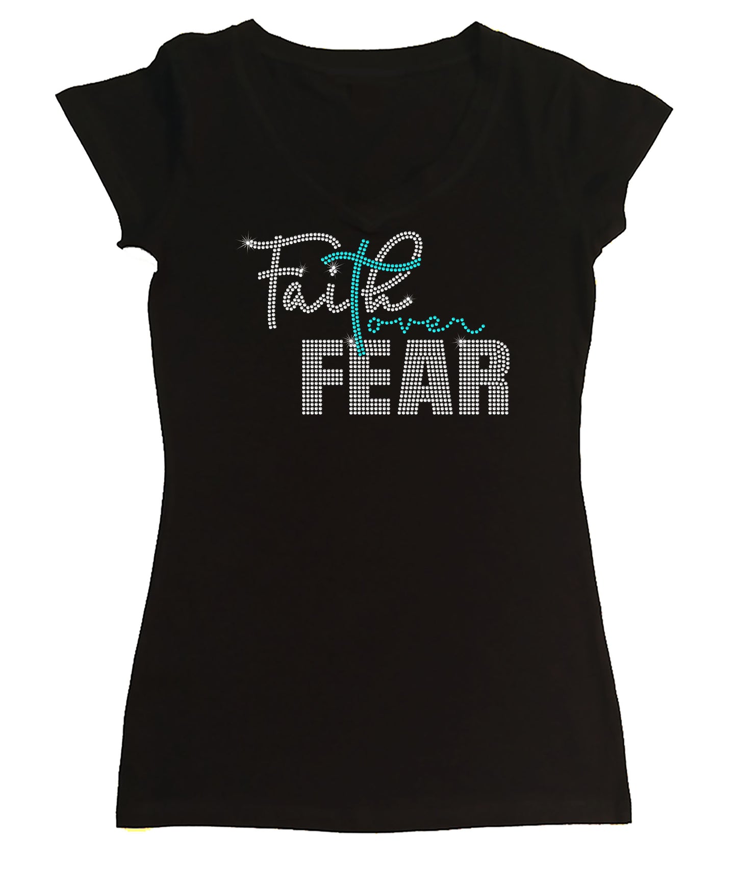 Womens T-shirt with Faith Over Fear in Rhinestones
