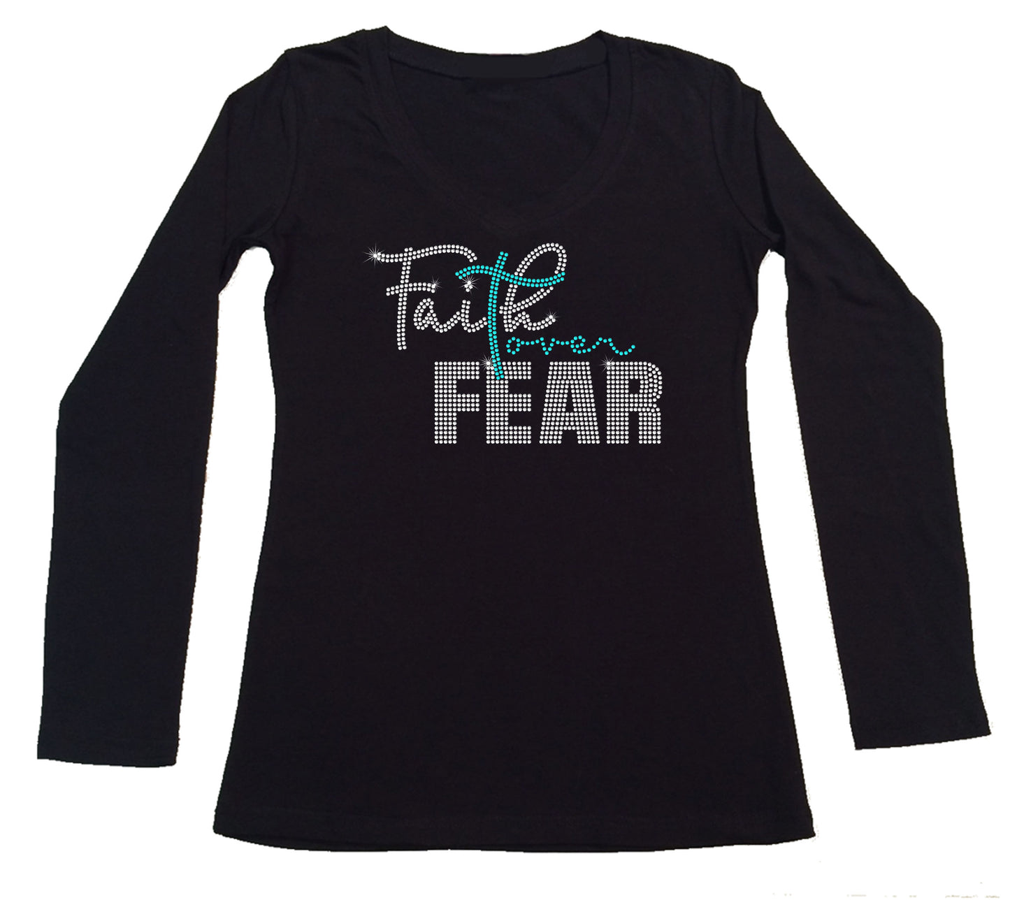 Womens T-shirt with Faith Over Fear in Rhinestones