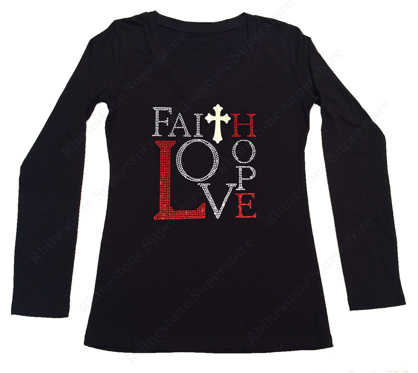 Womens T-shirt with Faith, Love, Hope in Rhinestones