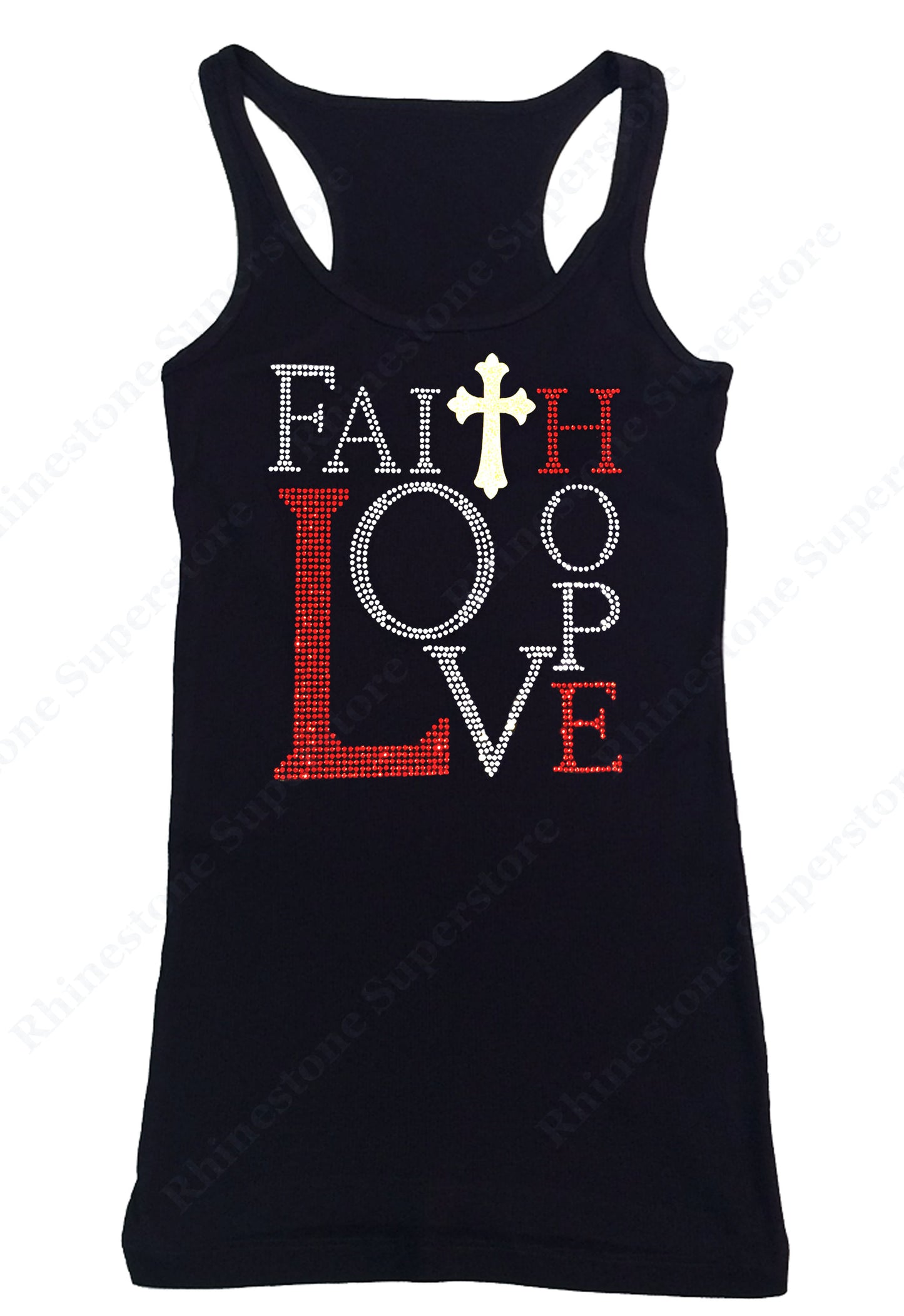 Womens T-shirt with Faith, Love, Hope in Rhinestones