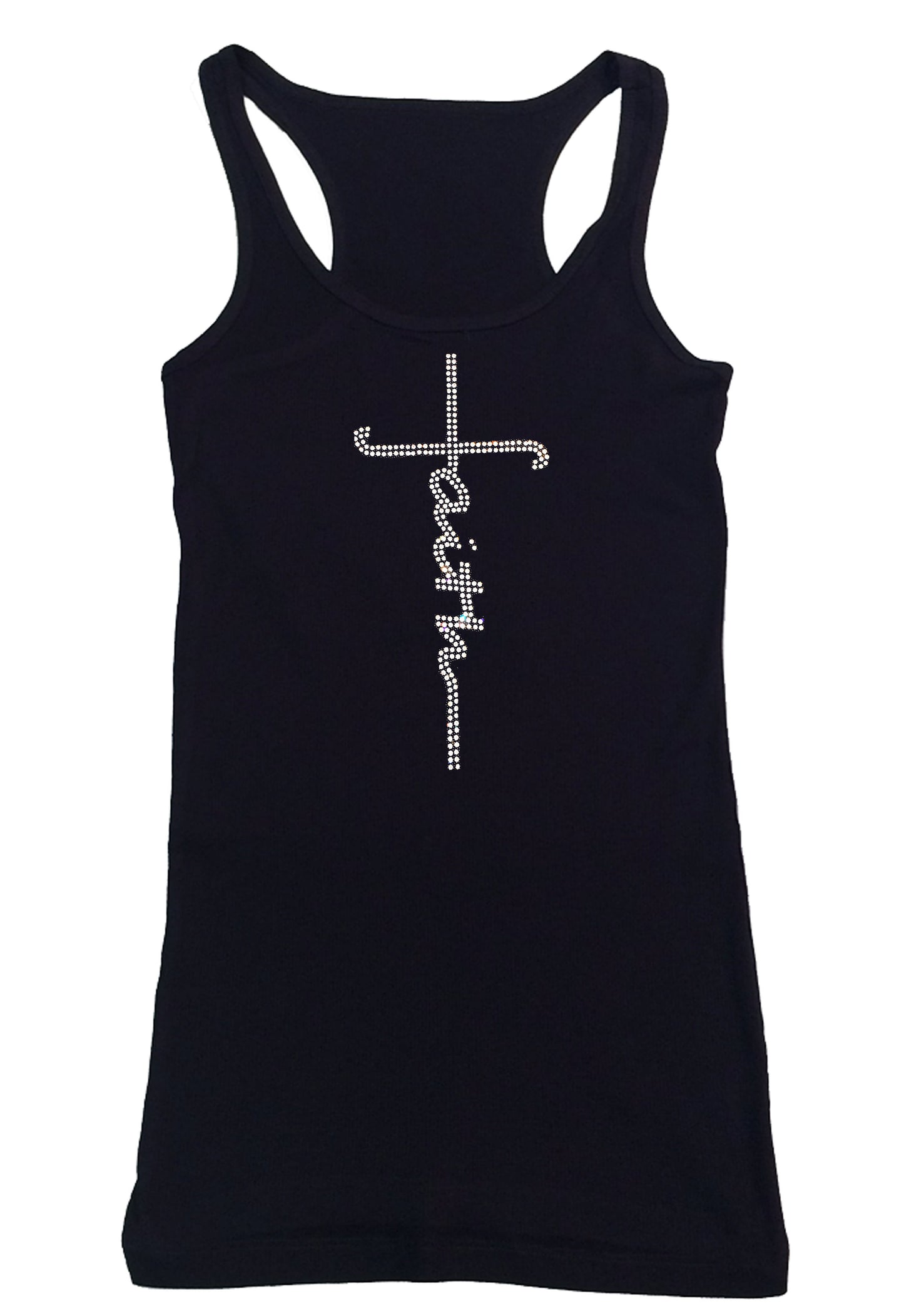 Womens T-shirt with Faith Script Cross in Rhinestones