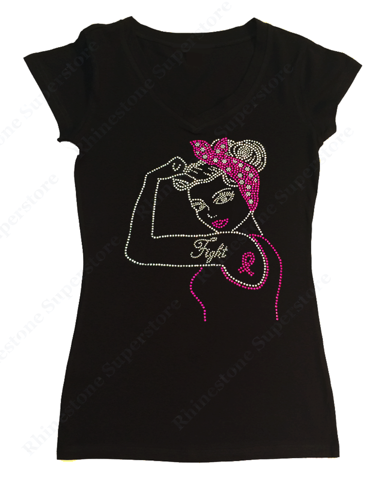 Womens T-shirt with Fight Cancer Pin Up with Ribbon in Rhinestones