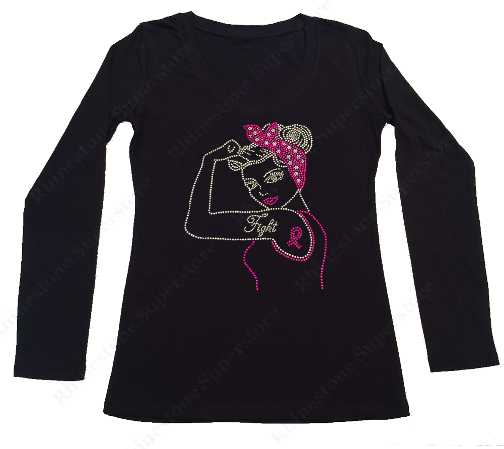 Womens T-shirt with Fight Cancer Pin Up with Ribbon in Rhinestones
