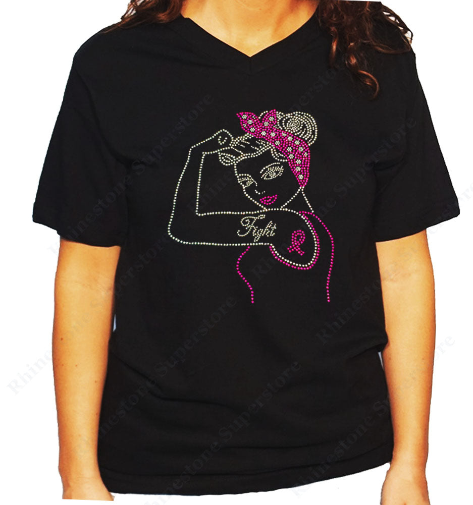 Women's / Unisex T-Shirt with Fight Cancer Pin-up Ribbon in Rhinestones