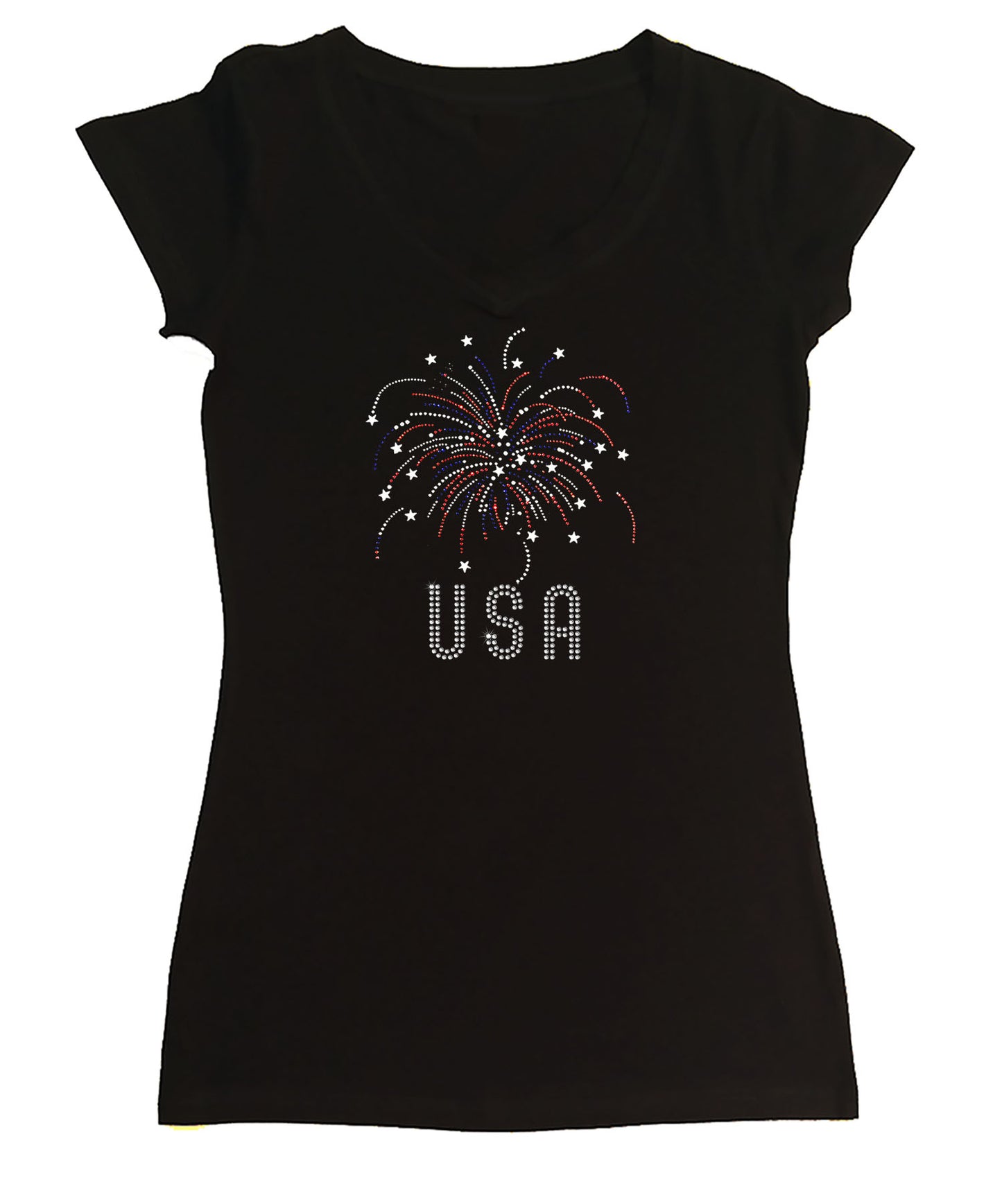 Womens T-shirt with Fireworks USA in Rhinestones