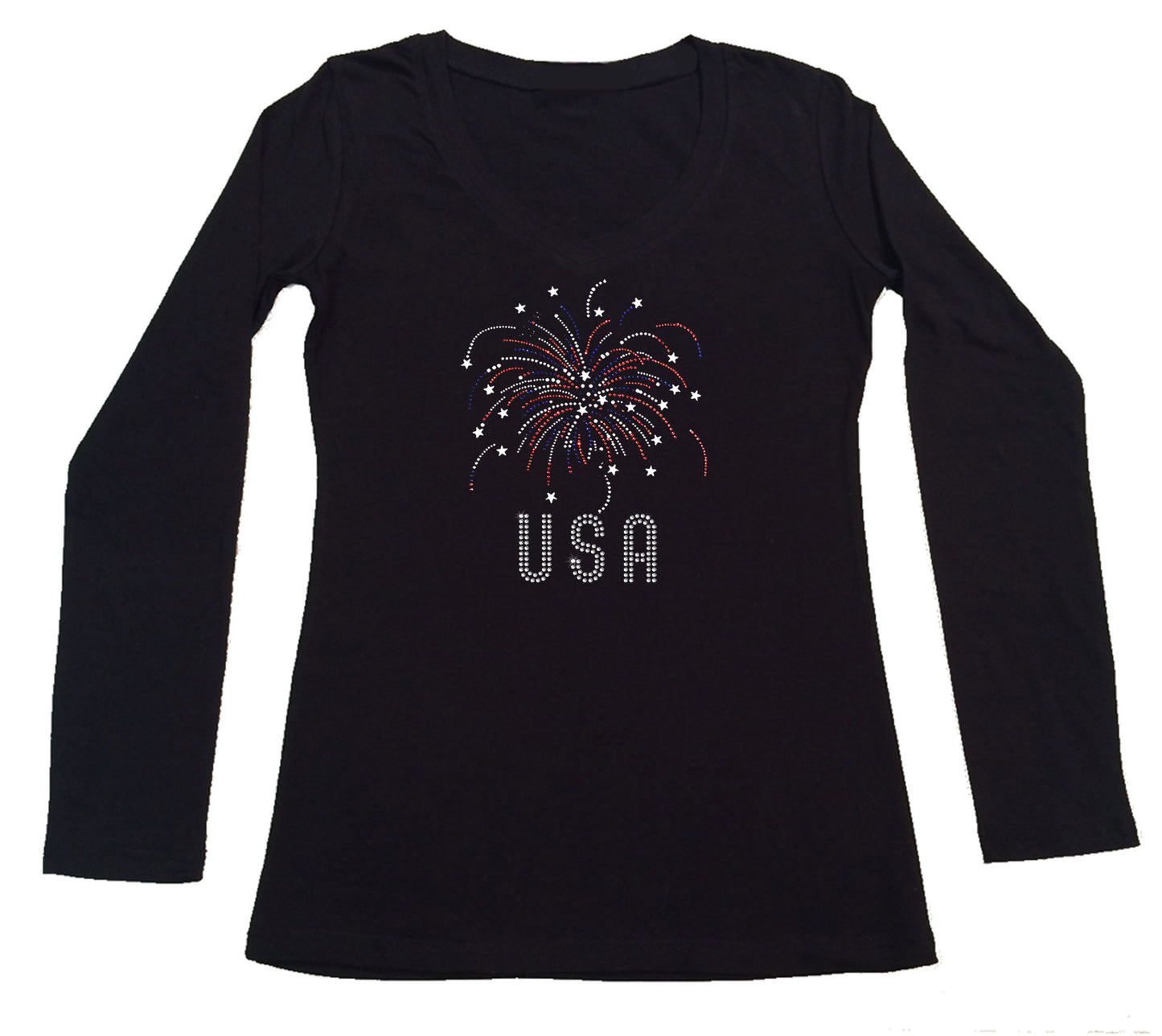 Womens T-shirt with Fireworks USA in Rhinestones