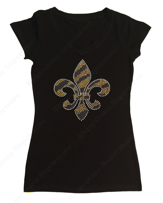 Womens T-shirt with Fleur De Lis Zebra Gold in Rhinestones
