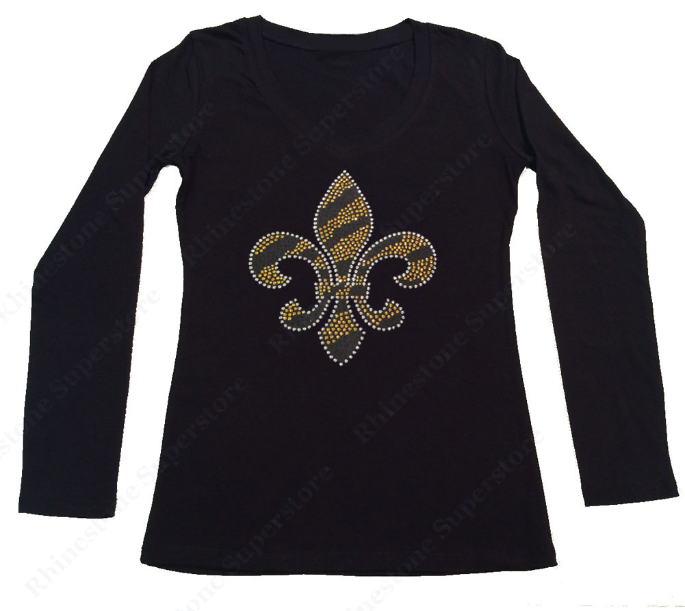 Womens T-shirt with Fleur De Lis Zebra Gold in Rhinestones