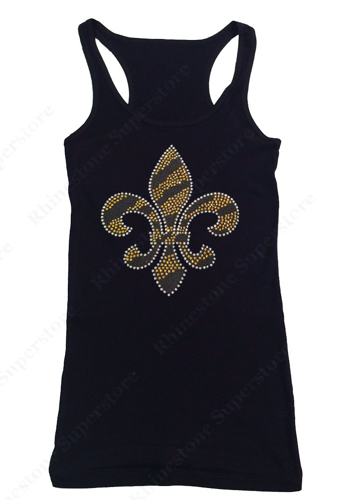 Womens T-shirt with Fleur De Lis Zebra Gold in Rhinestones