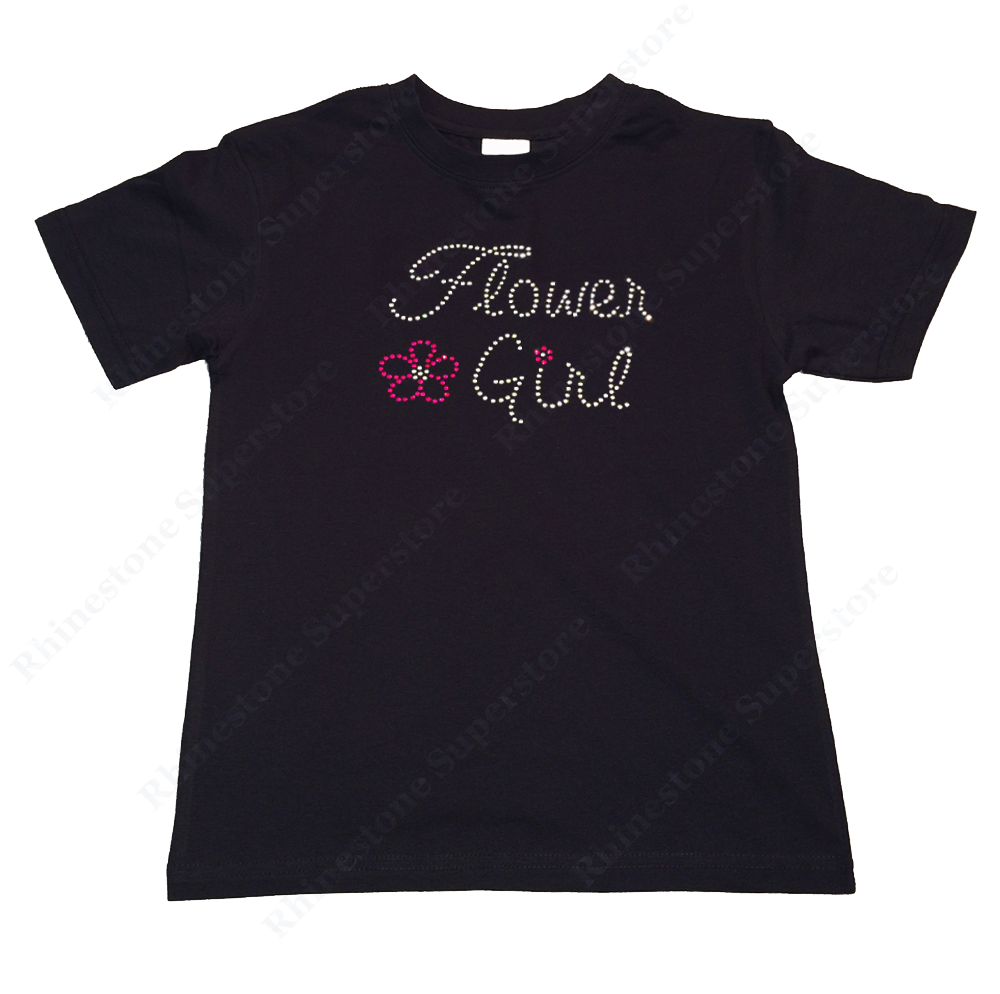 Girls Rhinestone T-Shirt " Flower Girl with Pink Flower " Kids Size 3 to 14 Available