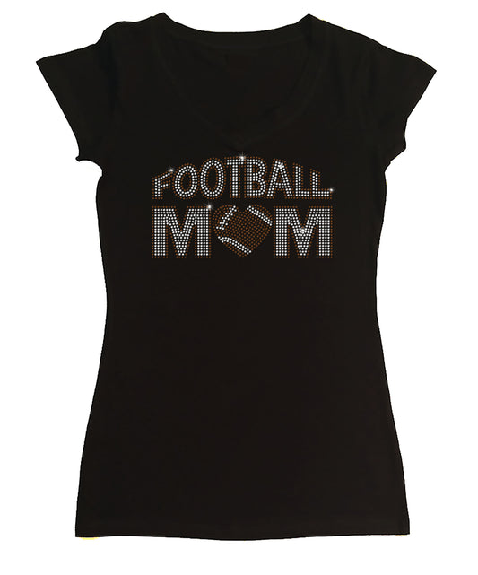 Womens T-shirt with Football Mom with Heart in Rhinestones