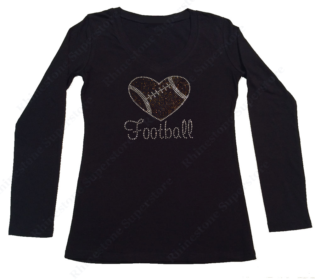 Womens T-shirt with Football Heart in Rhinestones