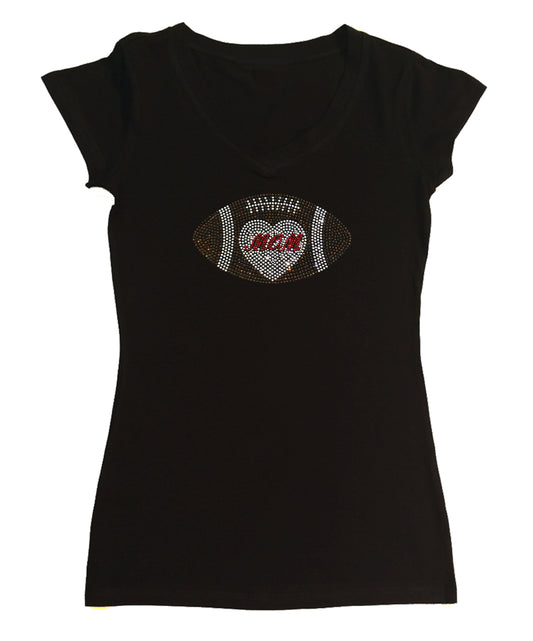 Womens T-shirt with Football Mom Heart in Rhinestones
