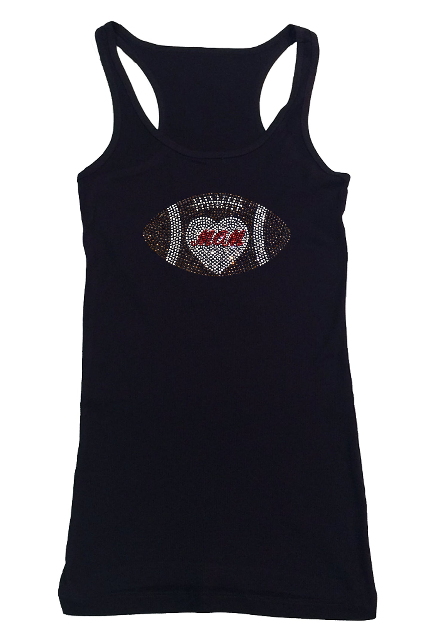 Womens T-shirt with Football Mom Heart in Rhinestones