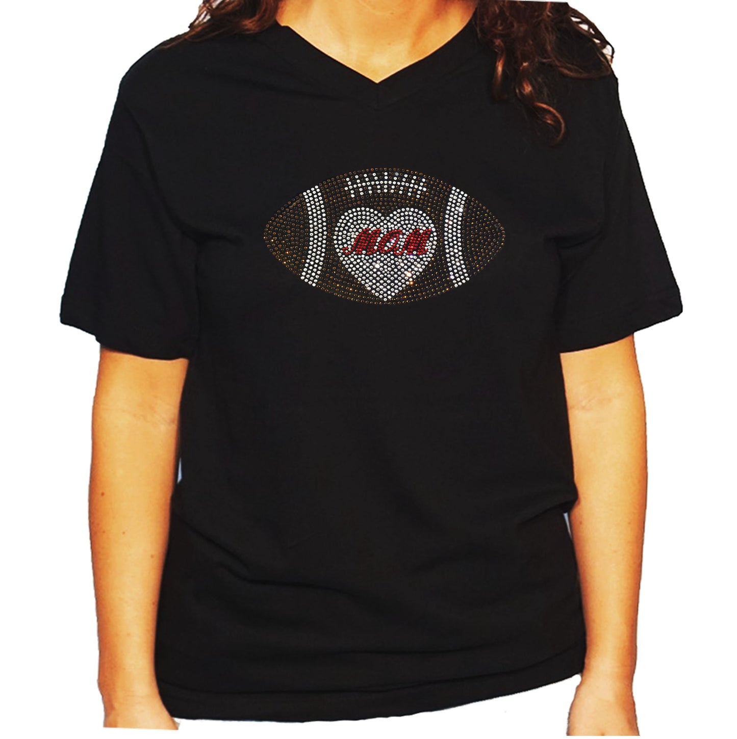 Women's / Unisex T-Shirt with Football Mom Heart in Rhinestones