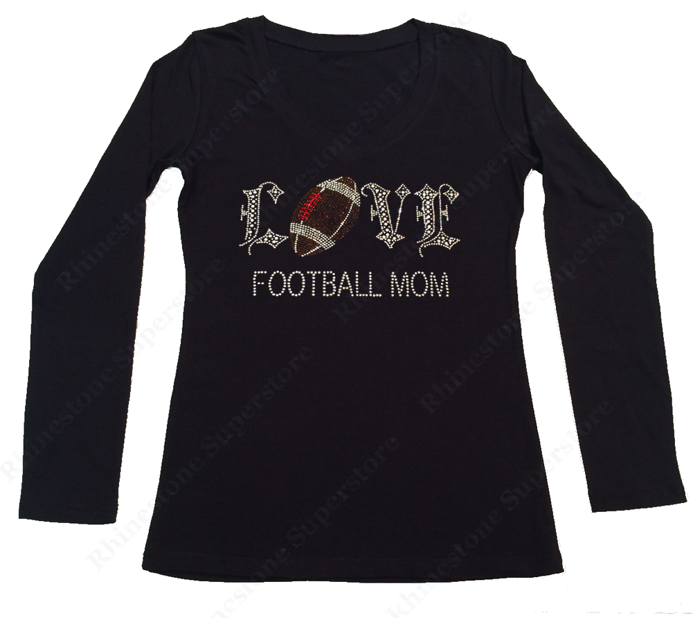 Womens T-shirt with Football Mom Love in Rhinestones
