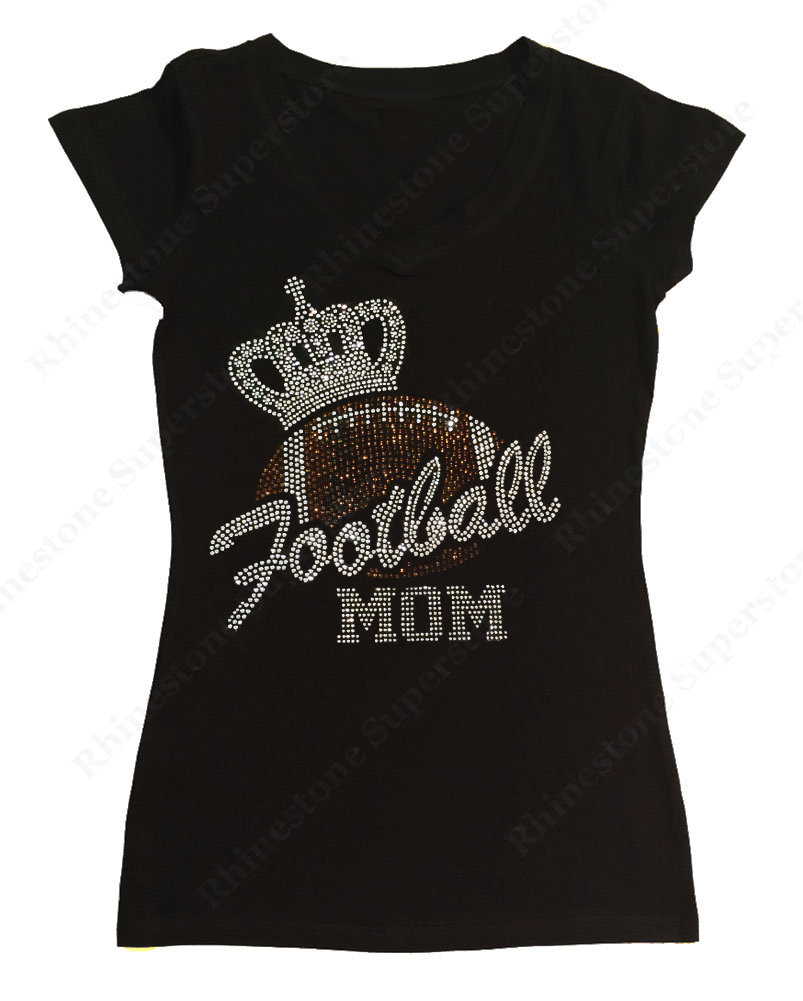 Womens T-shirt with Football Mom with Crown in Rhinestones