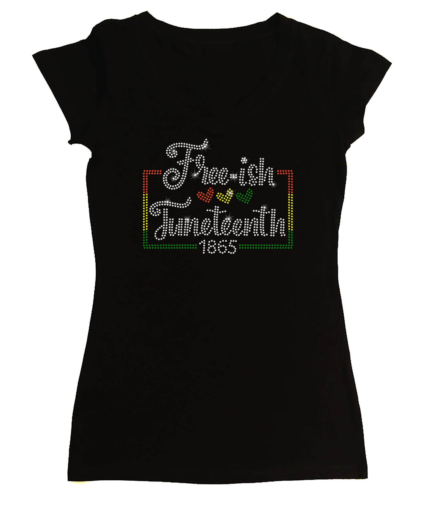 Women's Rhinestone Fitted Tight Snug Free-ish Juneteenth - with Hearts, Rhinestone Juneteenth Shirt