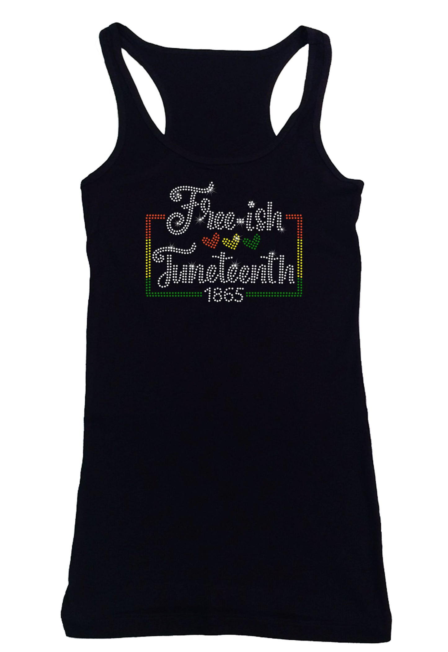 Women's Rhinestone Fitted Tight Snug Free-ish Juneteenth - with Hearts, Rhinestone Juneteenth Shirt