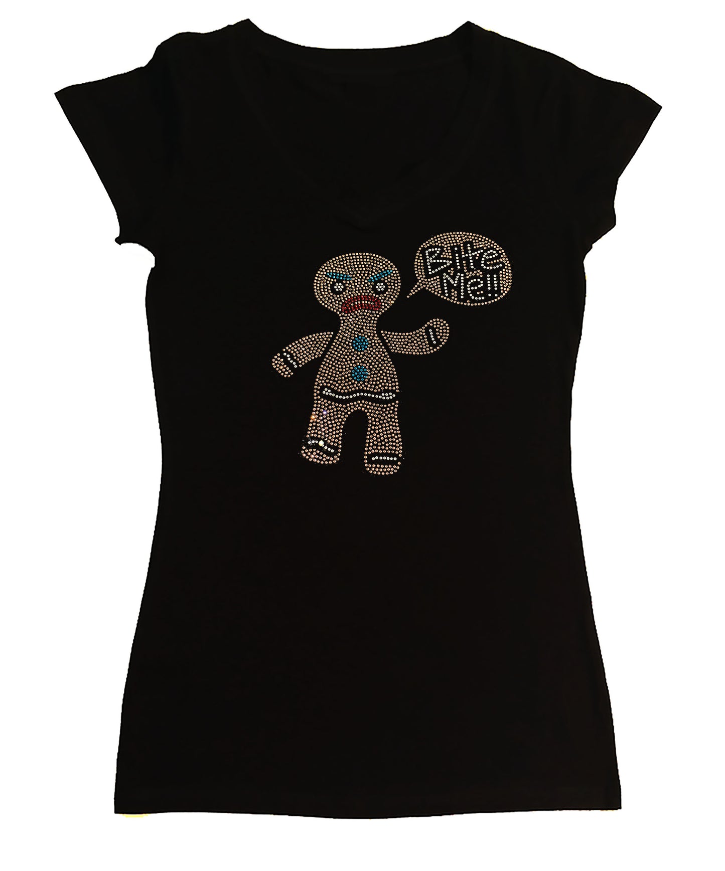 Women's Rhinestone Fitted Tight Snug Shirt Gingerbread Man with Bite Me Bubble