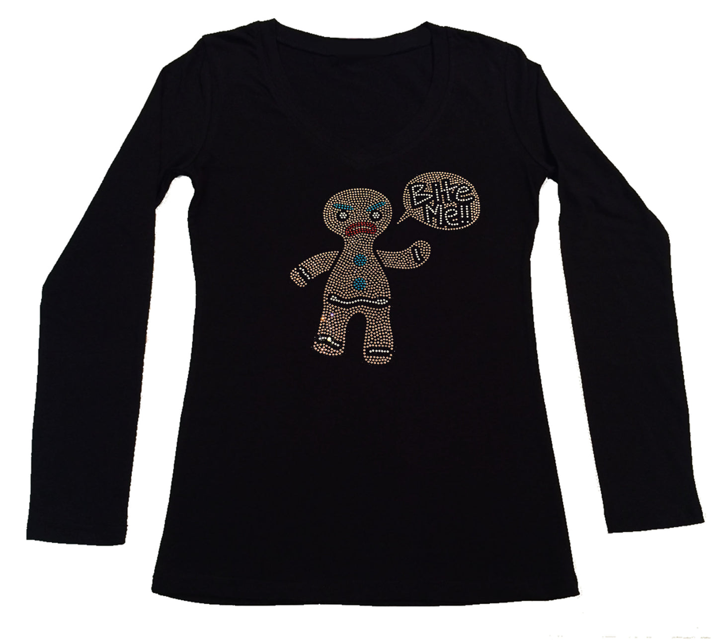 Women's Rhinestone Fitted Tight Snug Shirt Gingerbread Man with Bite Me Bubble
