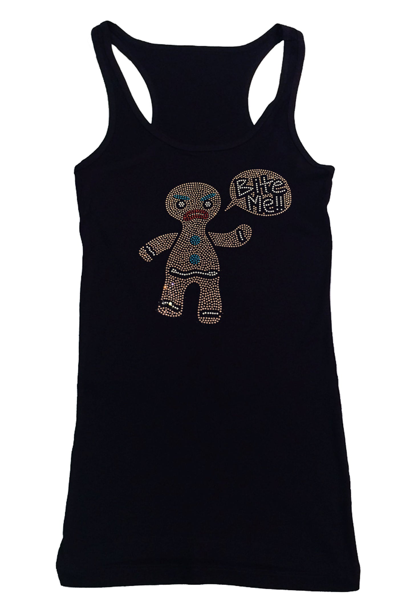 Women's Rhinestone Fitted Tight Snug Shirt Gingerbread Man with Bite Me Bubble