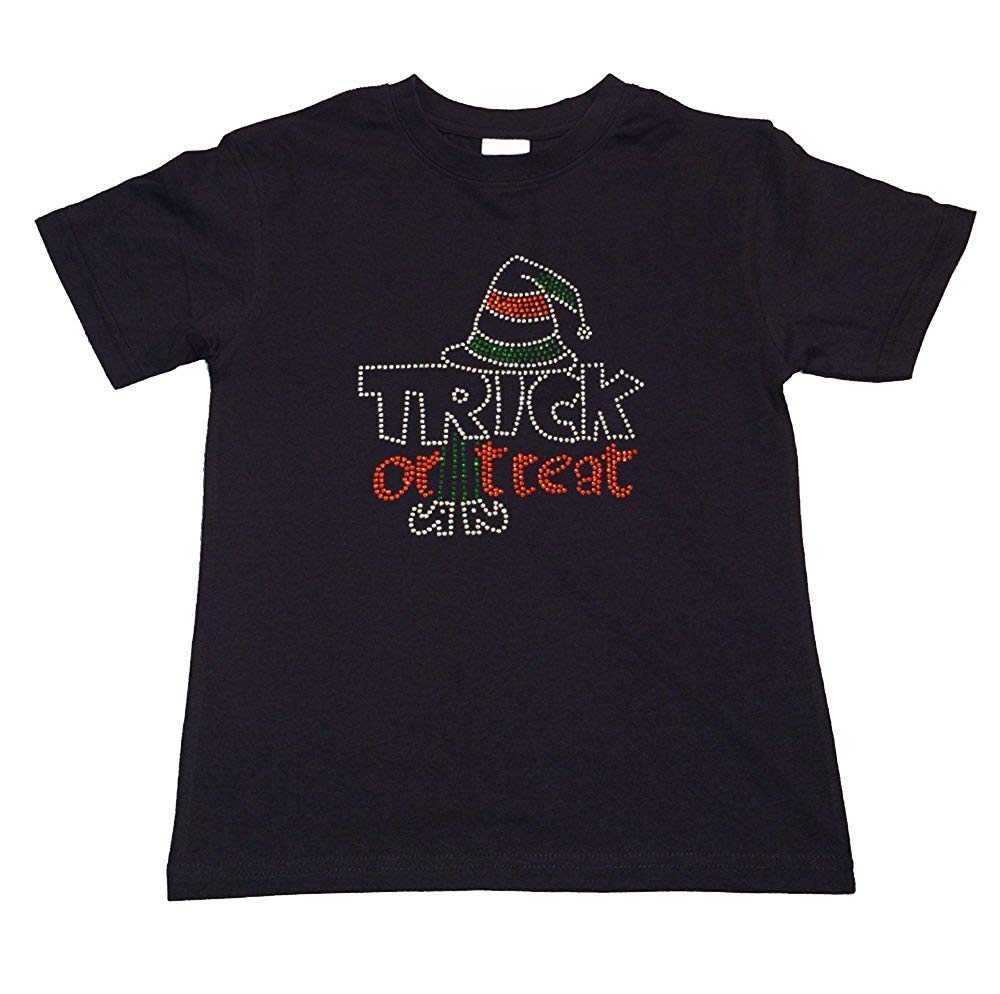 Girls Rhinestone T-Shirt " Trick or Treat " with Witch Hat for Halloween
