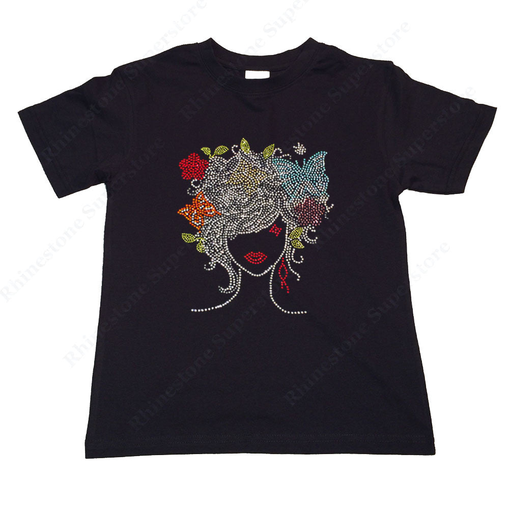 Girls Rhinestone T-Shirt " Girl with Colorful Butterflies " Kids Size 3 to 14 Available