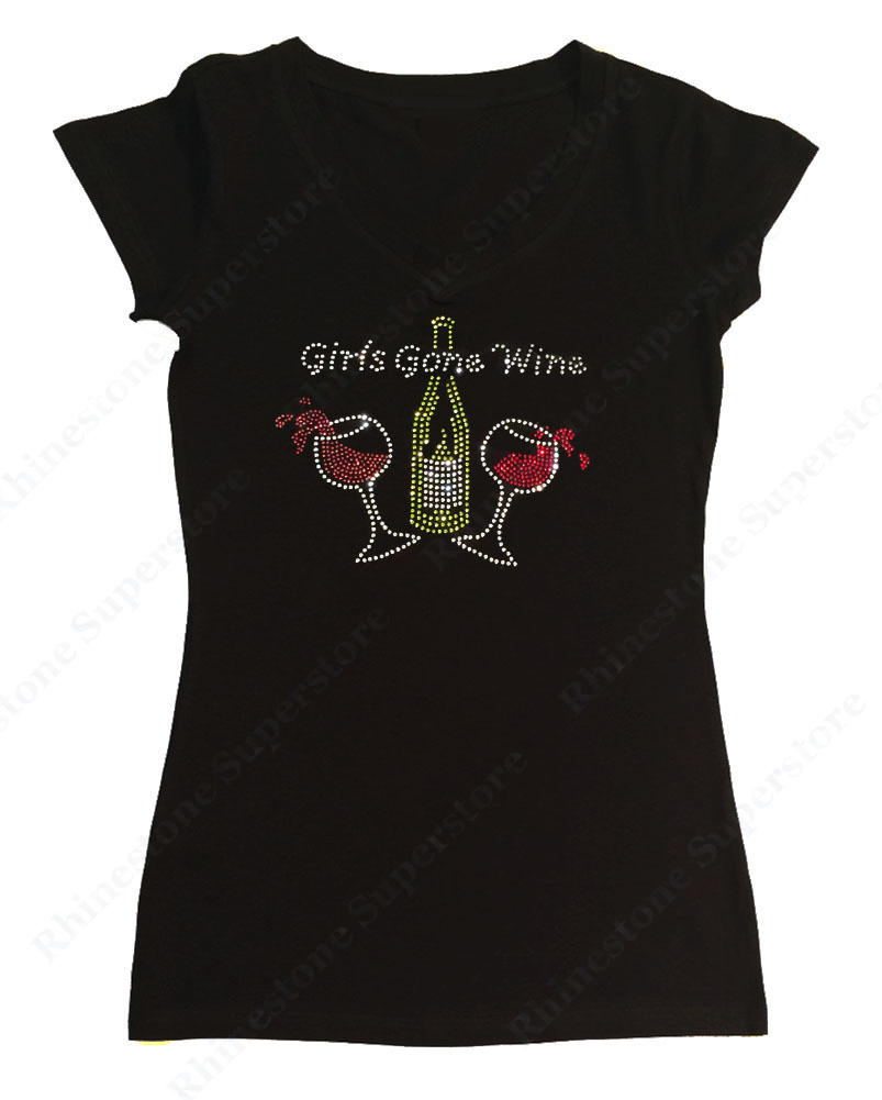 Womens T-shirt with Girls Gone Wine in Rhinestones