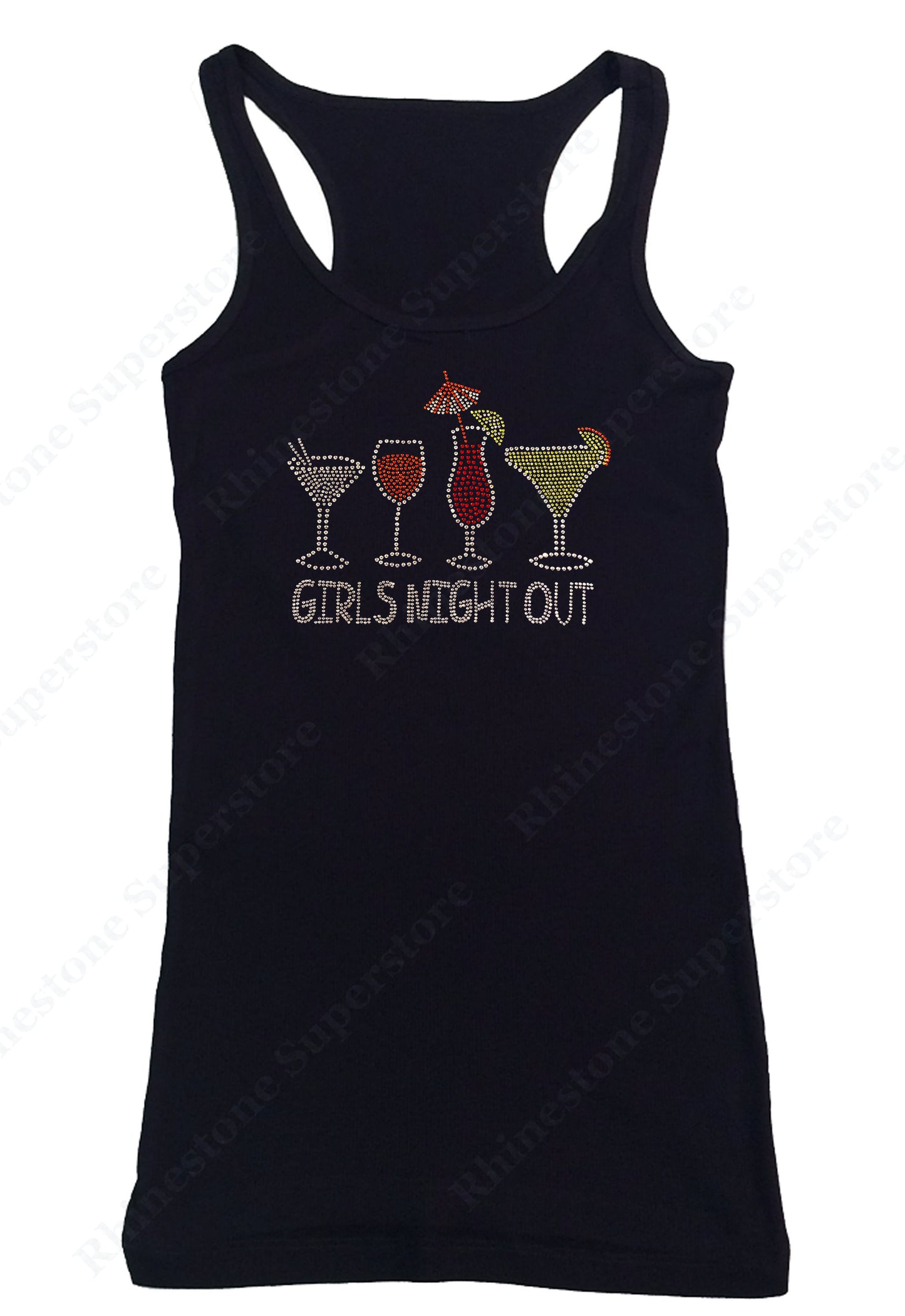 Womens T-shirt with Girls Night Out with Drinks in Rhinestones