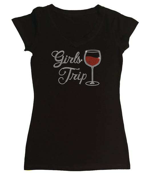 Womens T-shirt with Girls Trip Wine Glass in Rhinestones
