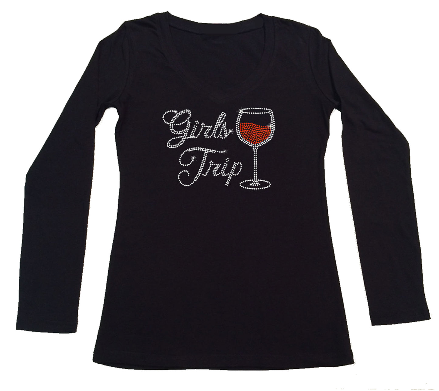 Womens T-shirt with Girls Trip Wine Glass in Rhinestones