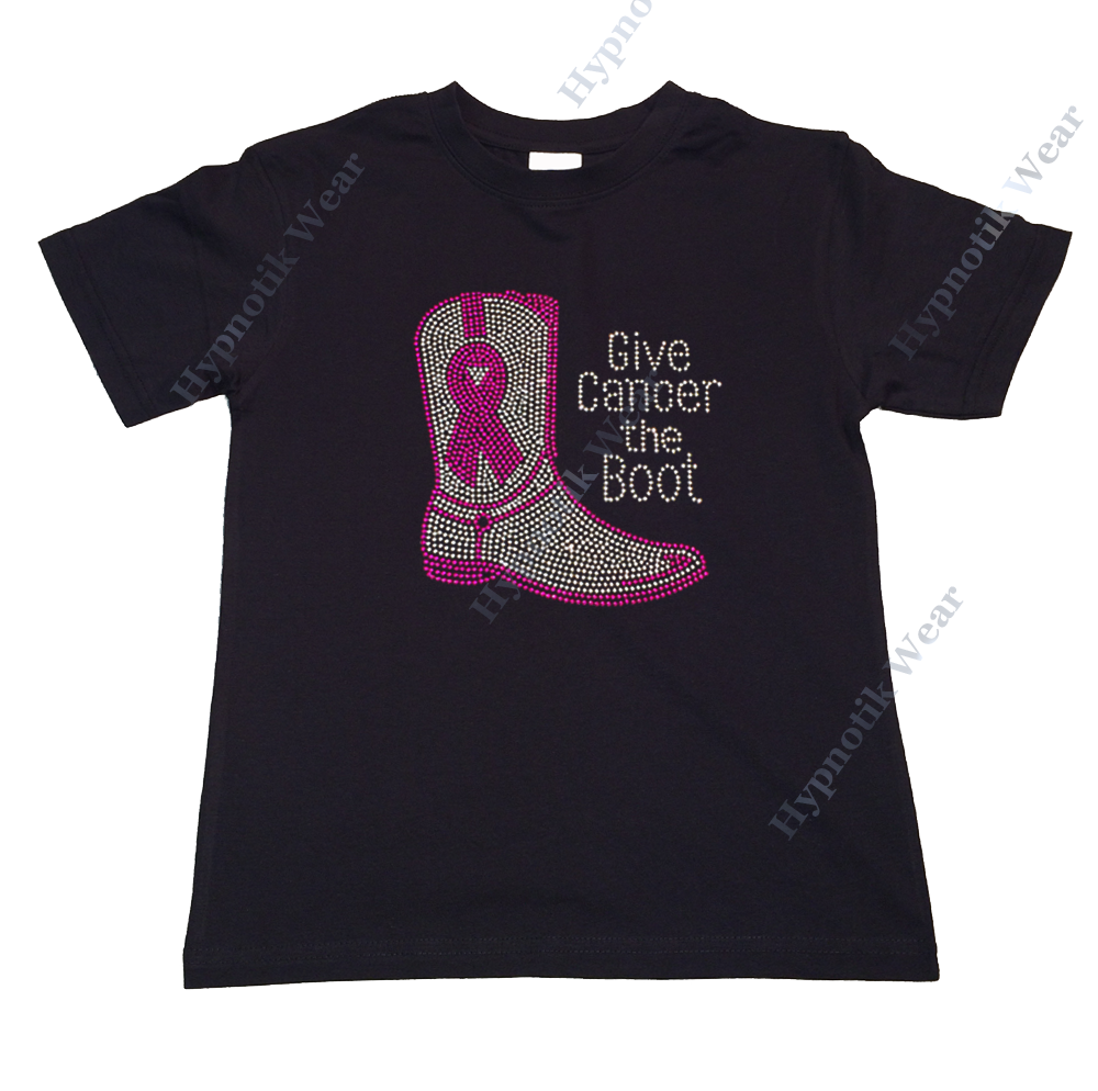 Girls Rhinestone T-Shirt " Give Cancer the Boot with Cancer Ribbon " Kids Size 3 to 14 Available