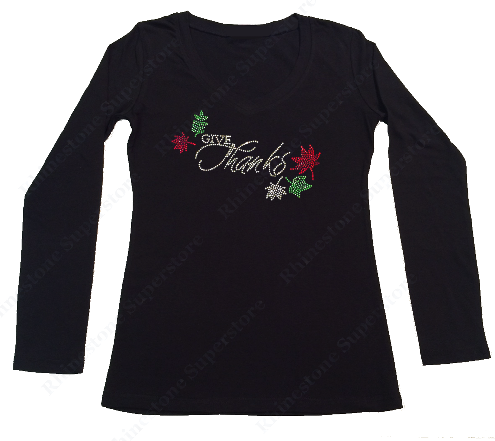 Womens T-shirt with Give Thanks in Rhinestones