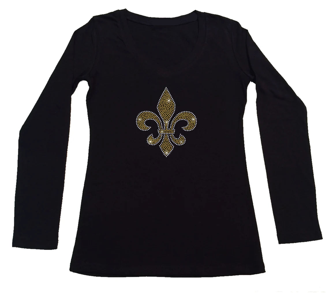 Women's Rhinestone Fitted Tight Snug Gold Fleur de Lis - Classic Design, Fleur de Lis Shirt